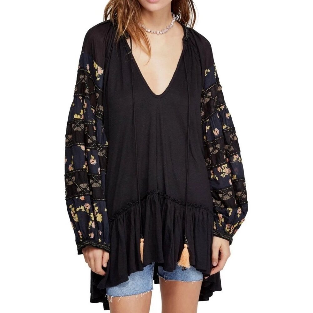 Free People Mix It Up Black Tunic Dress‎ Large Boho Floral Balloon Sleeve - Picture 3 of 16